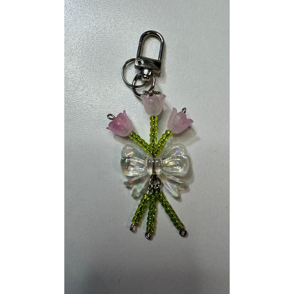 “Blush Bloom Bow” Charm Handmade Tulip Purse Bag Keychain Pink Flowers Feminine - Picture 3 of 4